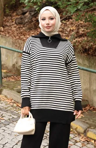 Strickwaren Rollkragen Gestreifte Tunika Hose Zweiteiler 1098-06 Schwarz 1098-06