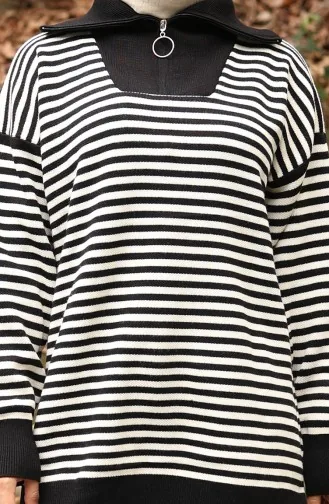 Strickwaren Rollkragen Gestreifte Tunika Hose Zweiteiler 1098-06 Schwarz 1098-06