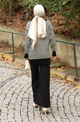 Strickwaren Rollkragen Gestreifte Tunika Hose Zweiteiler 1098-06 Schwarz 1098-06