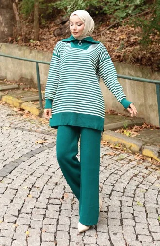 Strickpullover Rollkragen Gestreifte Tunika Hose Zweiteiliger Anzug 1098-07 Petrol 1098-07