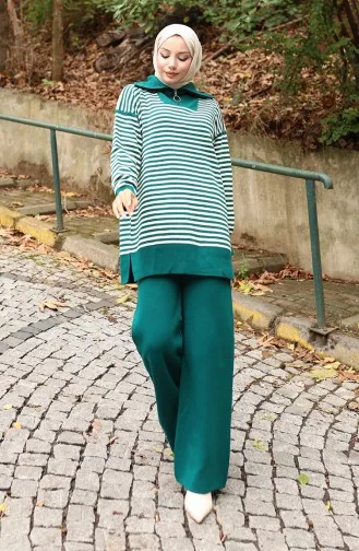 Strickpullover Rollkragen Gestreifte Tunika Hose Zweiteiliger Anzug 1098-07 Petrol 1098-07