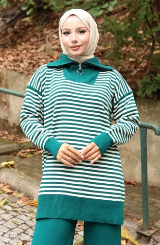 Strickpullover Rollkragen Gestreifte Tunika Hose Zweiteiliger Anzug 1098-07 Petrol 1098-07
