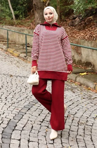 Knitwear Turtleneck Striped Tunic Trousers Two Piece Suit 1098-08 Claret Red 1098-08