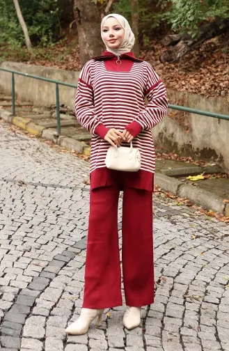 Knitwear Turtleneck Striped Tunic Trousers Two Piece Suit 1098-08 Claret Red 1098-08