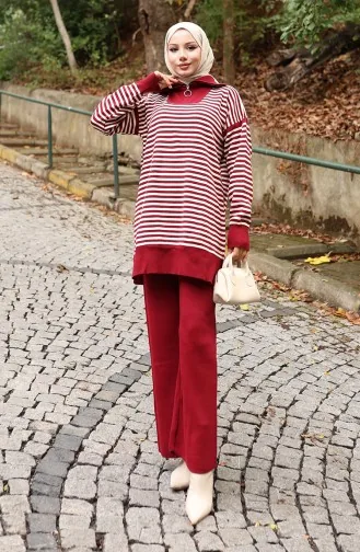Knitwear Turtleneck Striped Tunic Trousers Two Piece Suit 1098-08 Claret Red 1098-08