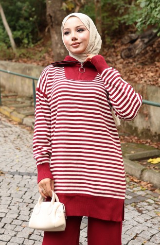 Triko Balıkçı Yaka Çizgili Tunik Pantolon İkili Takım 1098-08 Bordo