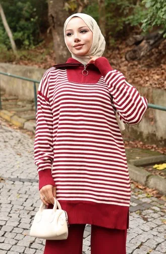 Knitwear Turtleneck Striped Tunic Trousers Two Piece Suit 1098-08 Claret Red 1098-08
