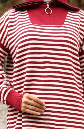 Knitwear Turtleneck Striped Tunic Trousers Two Piece Suit 1098-08 Claret Red 1098-08