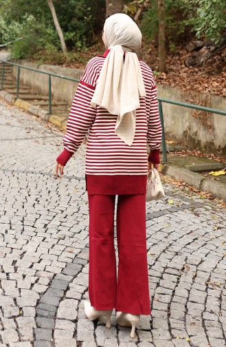 Triko Balıkçı Yaka Çizgili Tunik Pantolon İkili Takım 1098-08 Bordo