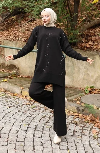 Ensemble Deux Pièces Tunique Et Pantalon En Tricot Imprimé Pierre 1104-01 Noir 1104-01