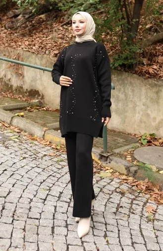 Ensemble Deux Pièces Tunique Et Pantalon En Tricot Imprimé Pierre 1104-01 Noir 1104-01