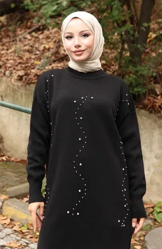 Ensemble Deux Pièces Tunique Et Pantalon En Tricot Imprimé Pierre 1104-01 Noir 1104-01