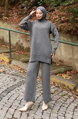 Ensemble Deux Pièces Tunique Et Pantalon En Tricot Imprimé Pierre 1104-02 Gris 1104-02