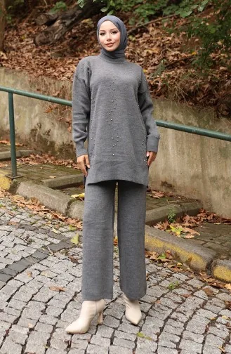 Ensemble Deux Pièces Tunique Et Pantalon En Tricot Imprimé Pierre 1104-02 Gris 1104-02