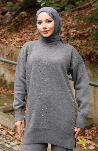 Ensemble Deux Pièces Tunique Et Pantalon En Tricot Imprimé Pierre 1104-02 Gris 1104-02