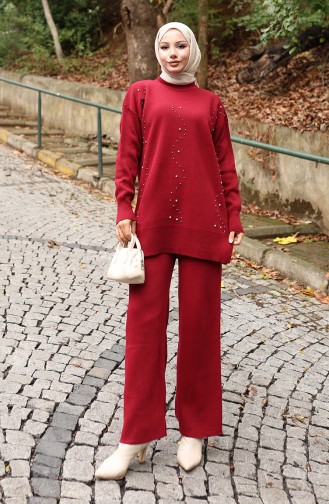 Knitwear Stone Printed Tunic Trousers Two Piece Suit 1104-03 Claret Red 1104-03