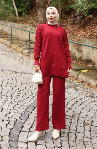 Triko Taş Baskılı Tunik Pantolon İkili Takım 1104-03 Bordo