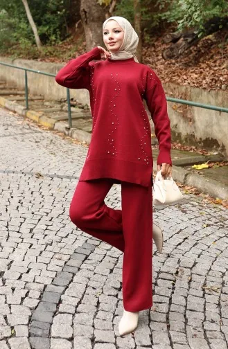 Triko Taş Baskılı Tunik Pantolon İkili Takım 1104-03 Bordo