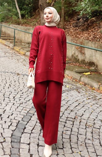 Knitwear Stone Printed Tunic Trousers Two Piece Suit 1104-03 Claret Red 1104-03