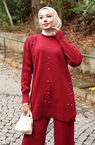 Knitwear Stone Printed Tunic Trousers Two Piece Suit 1104-03 Claret Red 1104-03