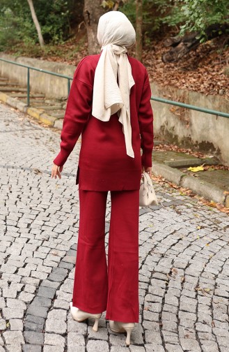 Knitwear Stone Printed Tunic Trousers Two Piece Suit 1104-03 Claret Red 1104-03