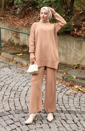Knitwear Stone Printed Tunic Trousers Two Piece Suit 1104-04 Milk Coffee 1104-04