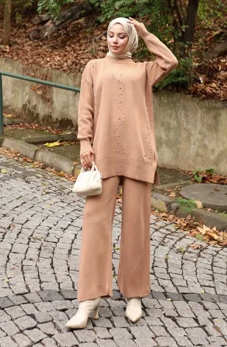 Triko Taş Baskılı Tunik Pantolon İkili Takım 1104-04 Sütlü kahve