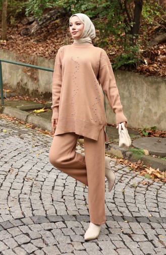 Knitwear Stone Printed Tunic Trousers Two Piece Suit 1104-04 Milk Coffee 1104-04