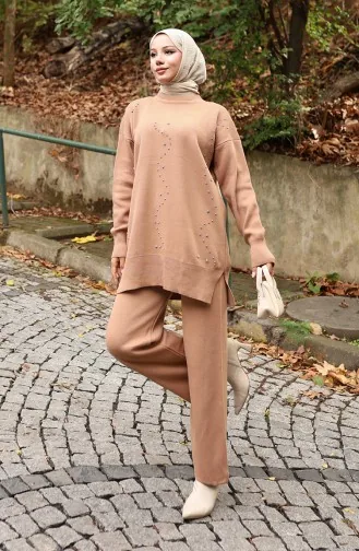 Triko Taş Baskılı Tunik Pantolon İkili Takım 1104-04 Sütlü kahve