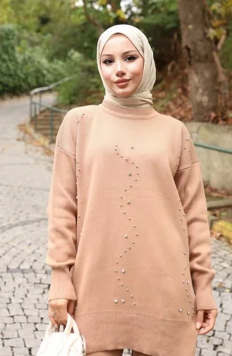 Triko Taş Baskılı Tunik Pantolon İkili Takım 1104-04 Sütlü kahve