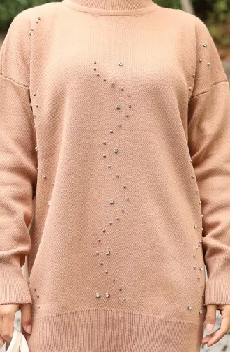 Triko Taş Baskılı Tunik Pantolon İkili Takım 1104-04 Sütlü kahve