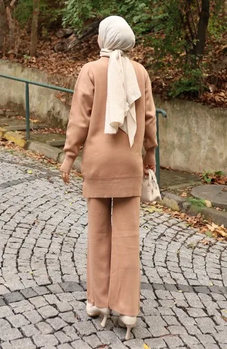 Triko Taş Baskılı Tunik Pantolon İkili Takım 1104-04 Sütlü kahve
