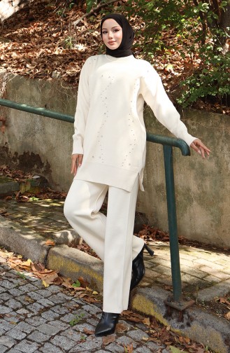 Knitwear Stone Printed Tunic Trousers Two Piece Set 1104-05 Beige 1104-05