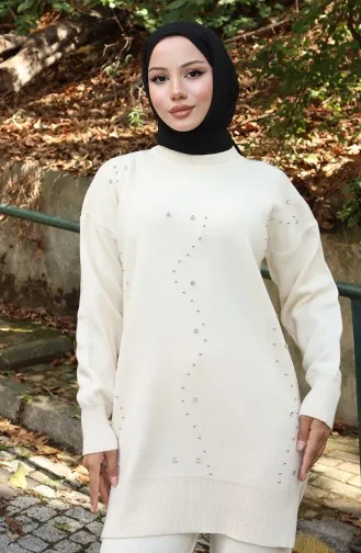 Triko Taş Baskılı Tunik Pantolon İkili Takım 1104-05 Bej