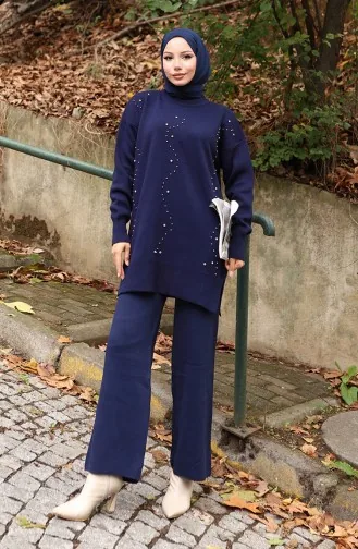 Ensemble Deux Pièces Tunique Et Pantalon En Tricot Imprimé Pierre 1104-06 Bleu Marine 1104-06