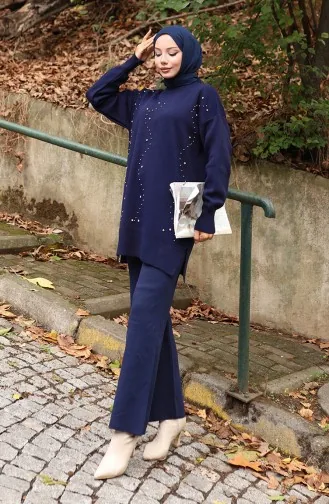 Ensemble Deux Pièces Tunique Et Pantalon En Tricot Imprimé Pierre 1104-06 Bleu Marine 1104-06