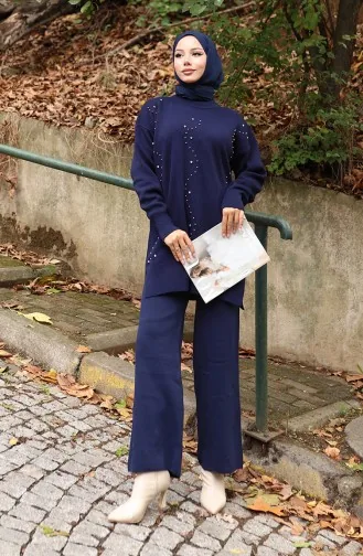 Ensemble Deux Pièces Tunique Et Pantalon En Tricot Imprimé Pierre 1104-06 Bleu Marine 1104-06