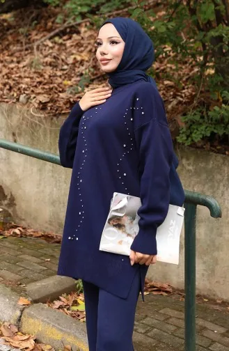 Ensemble Deux Pièces Tunique Et Pantalon En Tricot Imprimé Pierre 1104-06 Bleu Marine 1104-06
