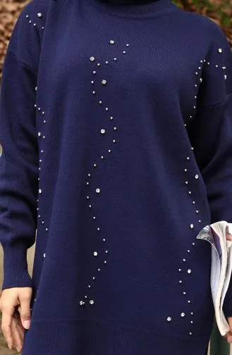 Ensemble Deux Pièces Tunique Et Pantalon En Tricot Imprimé Pierre 1104-06 Bleu Marine 1104-06