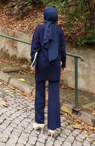 Ensemble Deux Pièces Tunique Et Pantalon En Tricot Imprimé Pierre 1104-06 Bleu Marine 1104-06