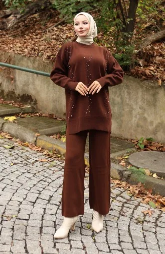 Ensemble Deux Pièces En Tricot Tunique Et Pantalon Imprimé Pierre 1104-07 Marron 1104-07