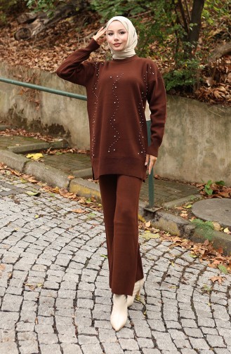 Triko Taş Baskılı Tunik Pantolon İkili Takım 1104-07 Kahverengi