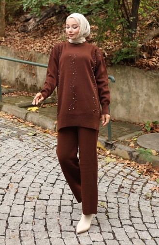 Triko Taş Baskılı Tunik Pantolon İkili Takım 1104-07 Kahverengi