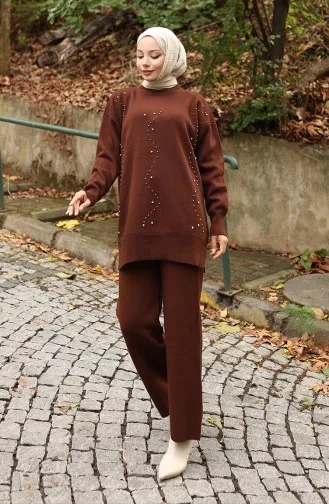 Ensemble Deux Pièces En Tricot Tunique Et Pantalon Imprimé Pierre 1104-07 Marron 1104-07