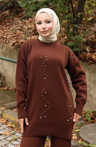 Triko Taş Baskılı Tunik Pantolon İkili Takım 1104-07 Kahverengi