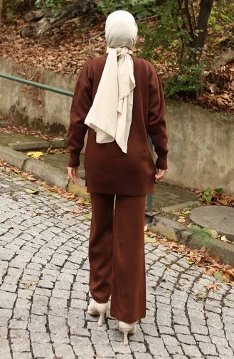 Ensemble Deux Pièces En Tricot Tunique Et Pantalon Imprimé Pierre 1104-07 Marron 1104-07