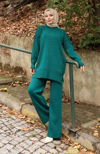 Ensemble Deux Pièces Tunique Et Pantalon En Tricot Imprimé Pierre 1104-08 Pétrole 1104-08