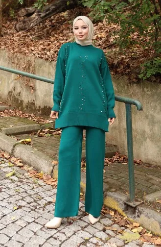 Ensemble Deux Pièces Tunique Et Pantalon En Tricot Imprimé Pierre 1104-08 Pétrole 1104-08