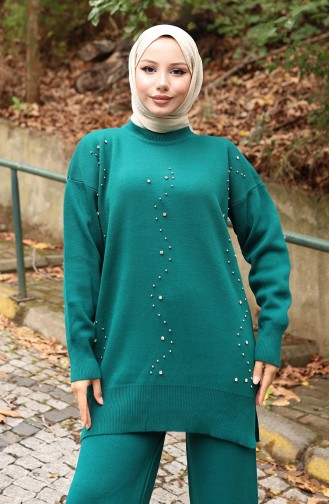 Knitwear Stone Printed Tunic Trousers Two Piece Set 1104-08 Petrol 1104-08