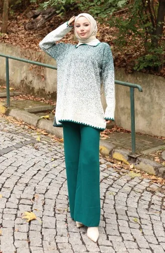 Ensemble Deux Pièces En Tricot Tunique Et Pantalon 1123-03 Vert émeraude 1123-03